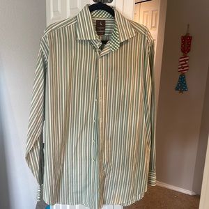 Tailorbyrd men’s XL dress shirt, green and tan striped, button down, like new!
